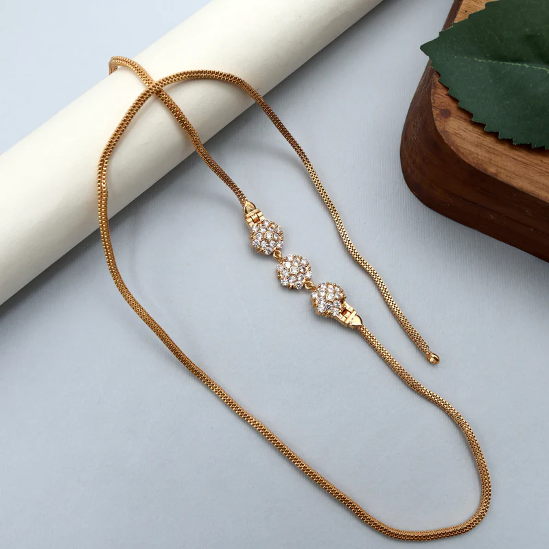 Gold Tone Diamond Look Flower Mugappu Chain